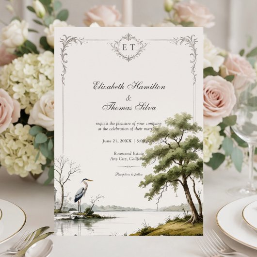 Invitation Heron Toile French Country Monogram Wedding
