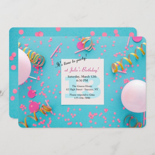 Invitation Heure de fête d'anniversaire (Devant / Derrière)