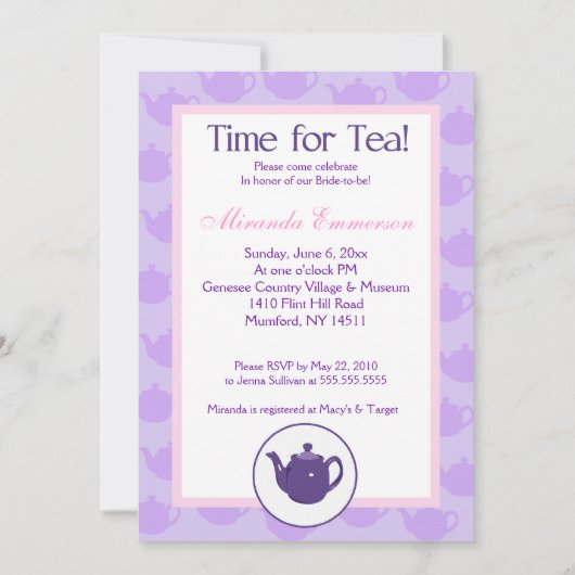 Invitation Heure de la Fête des mariées Tea Teapot (violet) 5 (Devant)