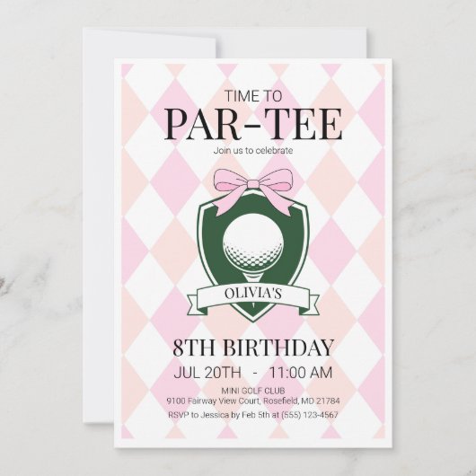 Invitation Heure de Par-Tee Pink Golf 8e fête d'anniversaire (Devant)