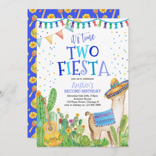 Invitation Heure Deux Fiesta Boy 2e anniversaire Cactus Invit (Devant / Derrière)