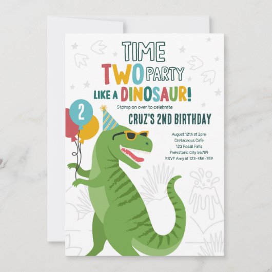 Invitation Heure Dinosaure à deux parties T-Rex 2e fête d'ann (Devant)