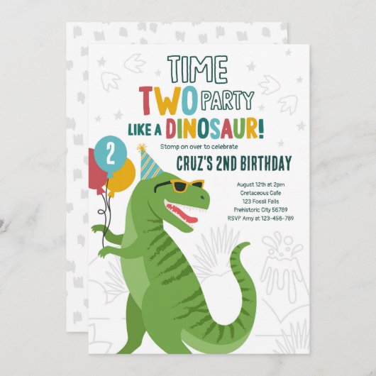 Invitation Heure Dinosaure à deux parties T-Rex 2e fête d'ann (Devant / Derrière)
