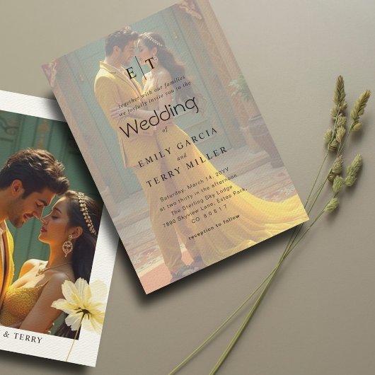 Invitation Heure d'or Gravure superposition photo et Mariage 