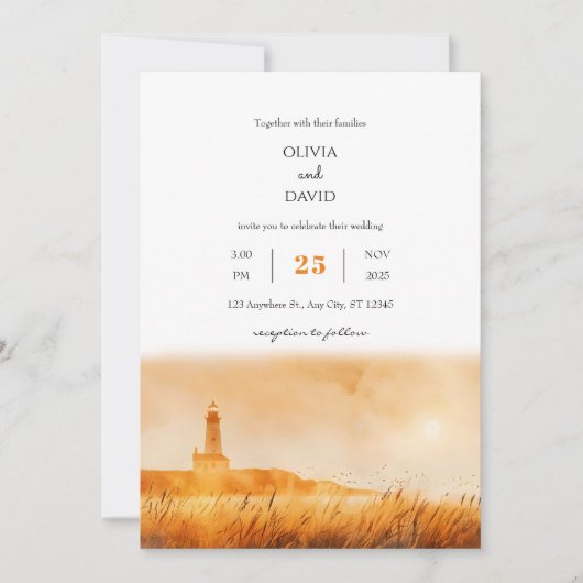 Invitation Heure d'or Phare côtier Vue plage Mariage (Devant)