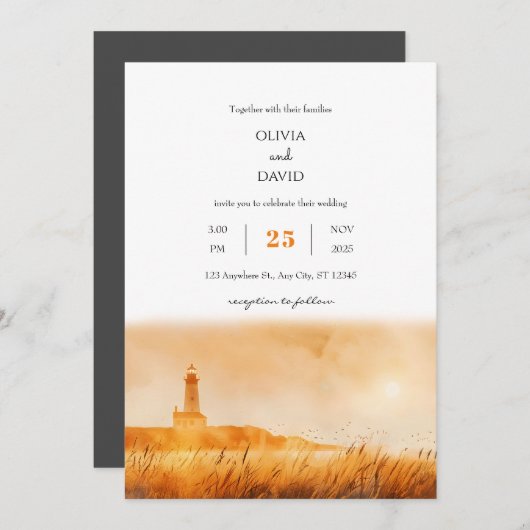 Invitation Heure d'or Phare côtier Vue plage Mariage (Devant / Derrière)