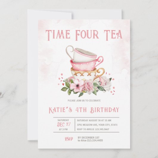 Invitation Heure Quatre Tea Teacups Thème Anniversaire Invita (Devant)