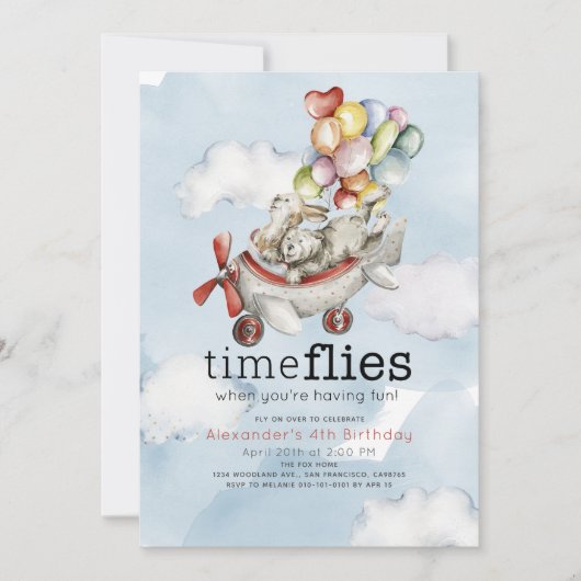 Invitation Heure Vol Avion Ballons Ours et Lapin Anniversaire (Devant)