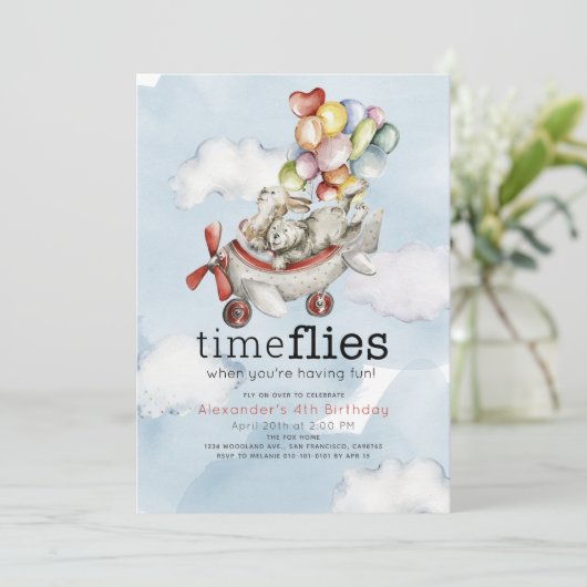 Invitation Heure Vol Avion Ballons Ours et Lapin Anniversaire (Debout devant)