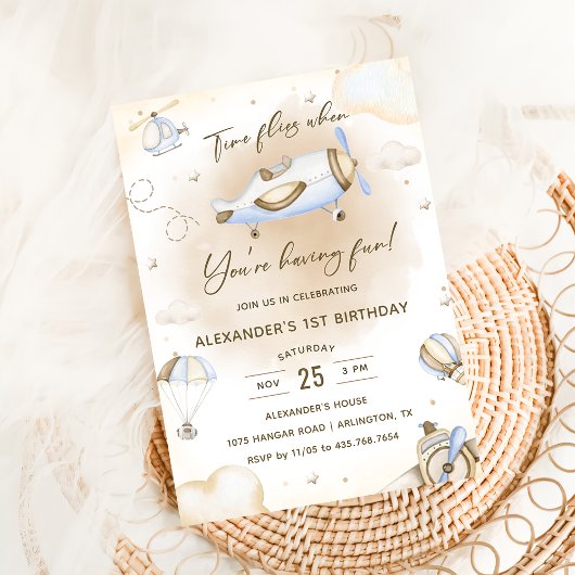 Invitation Heure Vol avion première fête d'anniversaire