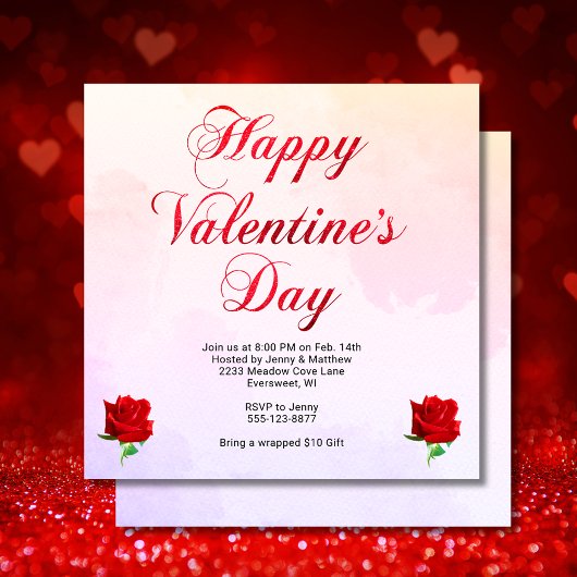 Invitation Heureuse Sainte-Valentin Pastel Red Roses Party SQ