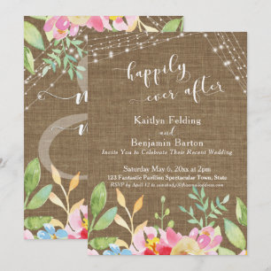 Invitation Heureux à tout jamais, toile de jute, fleurs et lu