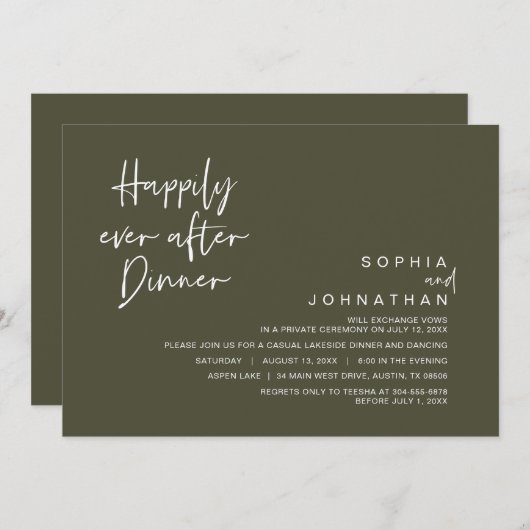 Invitation Heureux Jamais Après Le Dîner Mariage, Olive Green (Devant / Derrière)