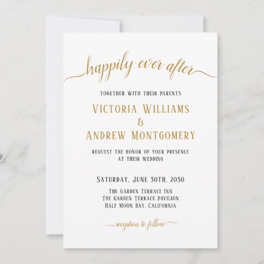 Invitation Heureux jamais après Mariage de script or moderne (Devant)