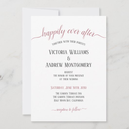 Invitation Heureux jamais après Rose Gold Script Mariage mode (Devant)