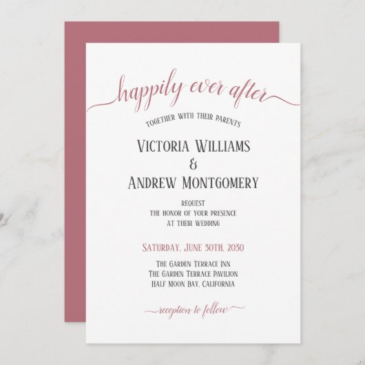Invitation Heureux jamais après Rose Gold Script Mariage mode (Devant / Derrière)