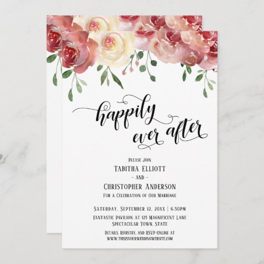 Invitation Heureux Jamais Après Script, Bourgogne, Roses Blus (Devant / Derrière)