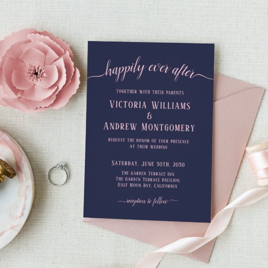 Invitation Heureux Pour Toujours Moderne Rose Script Marine B