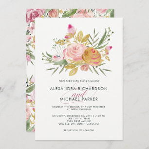 Invitation heureux rougissent rose et mariage floral d'or
