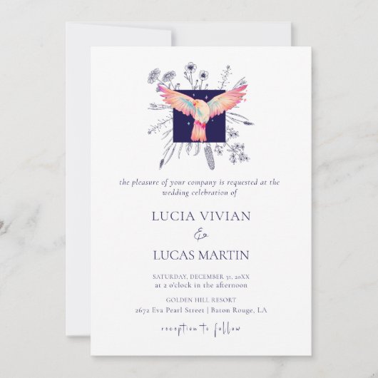 Invitation Hex Blue Monogram Forêt Flying Mariage d'oiseaux (Devant)