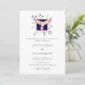Invitation Hex Blue Monogram Forêt Flying Mariage d'oiseaux (Debout devant)