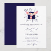 Invitation Hex Blue Monogram Forêt Flying Mariage d'oiseaux (Devant / Derrière)