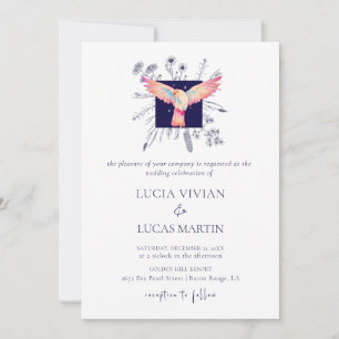 Invitation Hex Blue Monogram Forêt Flying Mariage d'oiseaux