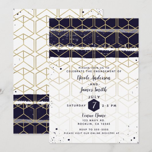 Invitation Hexagon Modern Marine Blue Gold Fiançailles géomét (Devant / Derrière)