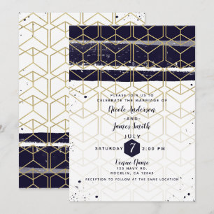 Invitation Hexagone Bleu marine moderne géométrique doré pour