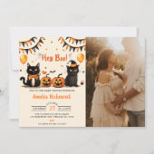 Invitation Hey Boo ! Baby shower d'Halloween de chat noir (Devant)
