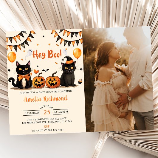 Invitation Hey Boo ! Baby shower d'Halloween de chat noir
