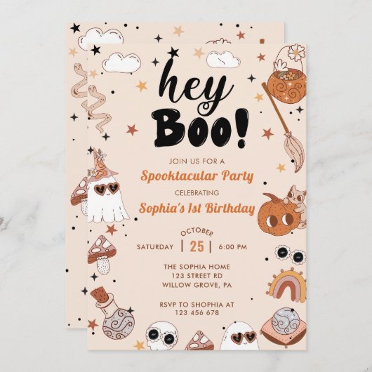 Invitation Hey Boo Brithday Halloween (Devant / Derrière)