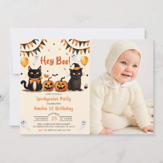 Invitation Hey Boo ! Chat noir Halloween fête d'anniversaire  (Devant)