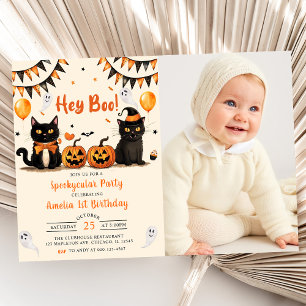 Invitation Hey Boo ! Chat noir Halloween fête d'anniversaire