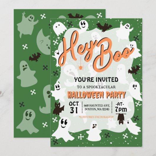 Invitation Hey Boo Cute Éffrayante Fête d'Halloween (Devant / Derrière)