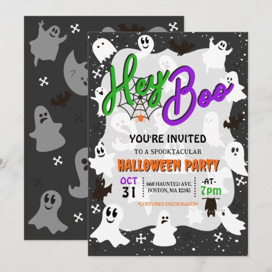 Invitation Hey Boo Cute Éffrayante Fête d'Halloween (Devant / Derrière)