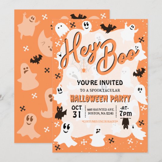 Invitation Hey Boo Cute Éffrayante Fête d'Halloween (Devant / Derrière)
