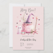 Invitation Hey Boo Cute Ghost Halloween 1er Anniversaire rose (Devant)
