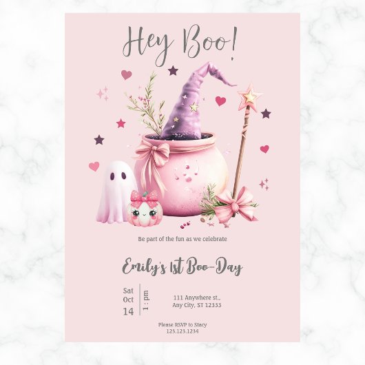 Invitation Hey Boo Cute Ghost Halloween 1er Anniversaire rose