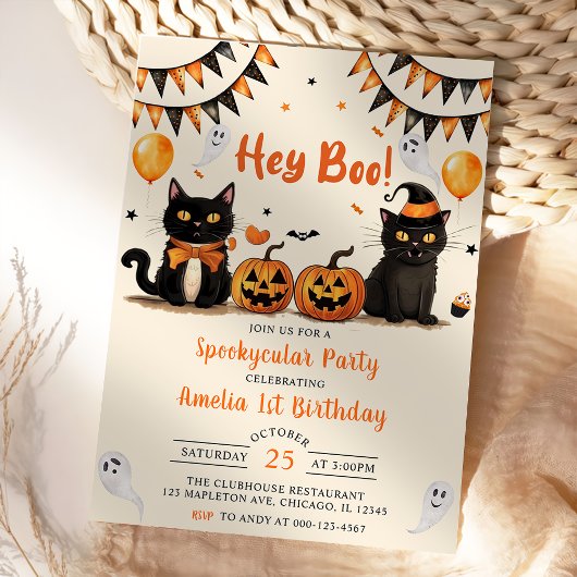 Invitation Hey Boo ! Fête d'anniversaire du chat noir