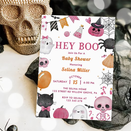 Invitation Hey Boo ! Fête de bébé Halloween rose