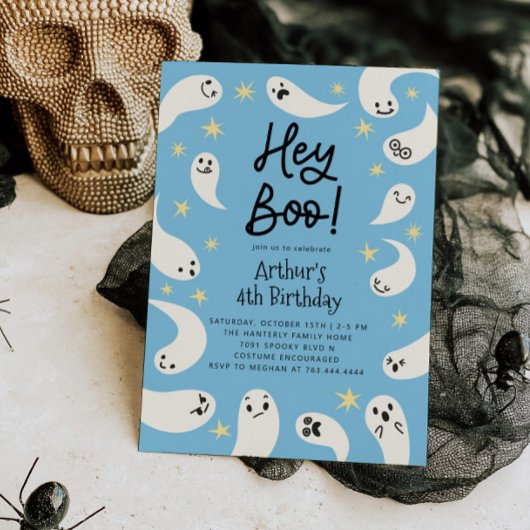 Invitation Hey Boo Halloween Blue Ghost Anniversaire