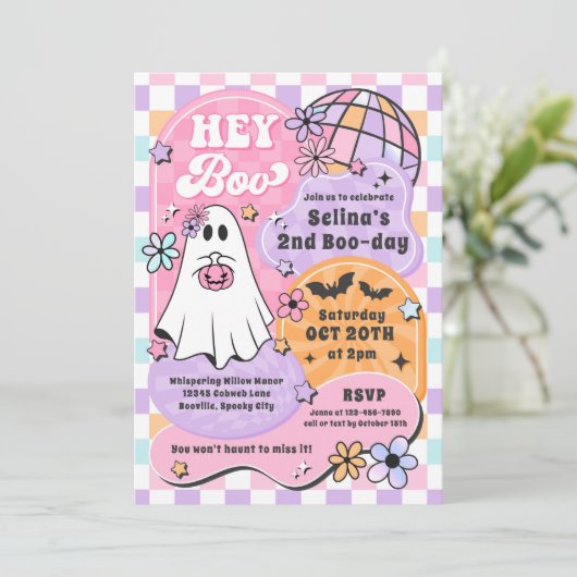 Invitation Hey Boo Halloween Groovy Ghost Fête d'anniversaire (Debout devant)