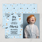 Invitation Hey Boo, invitación de Halloween azul con foto (Devant / Derrière)