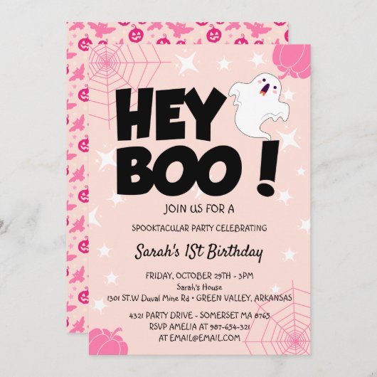 Invitation Hey Boo Pink Halloween Ghost fête d'anniversaire (Devant / Derrière)