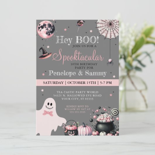 Invitation Hey Boo Rose Grey Fille Halloween fête d'anniversa (Debout devant)