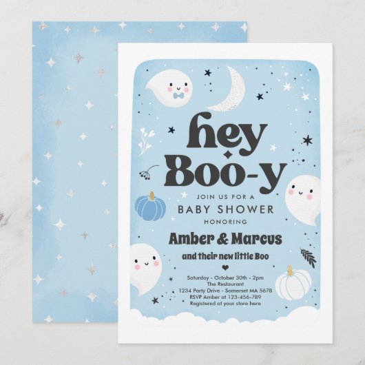 Invitation Hey Boo-y Blue Boy Baby shower fantôme (Devant / Derrière)