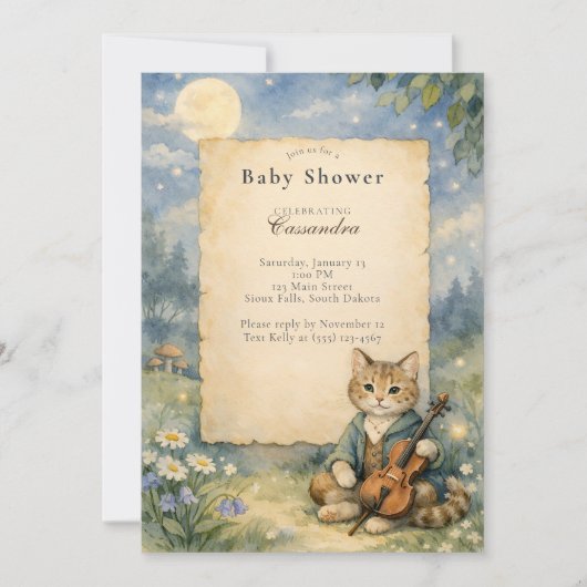 Invitation Hey Diddle Diddle Chat & Violon Baby Shower (Devant)