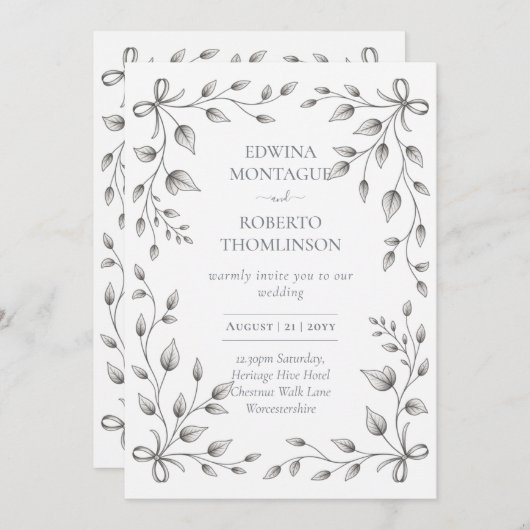 Invitation HHS Botanical Leaf and Ribbon Hand Drawn Wedding (Devant / Derrière)