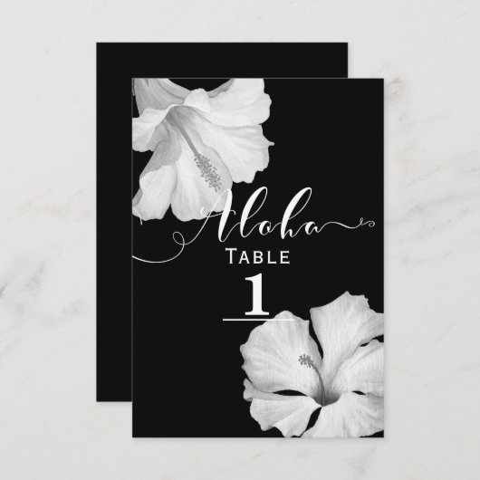 Invitation Hibiscus blanc Mariage Tropical noir Numéro de tab (Devant / Derrière)
